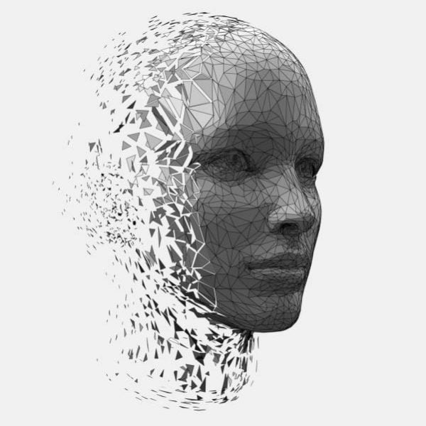 Artificial intelligence taking human form. Human form disintegrating